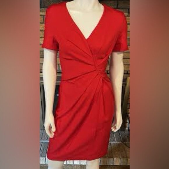 ESCADA red V neck faux wrap front short sleeve  dress xs Euc - Picture 1 of 9